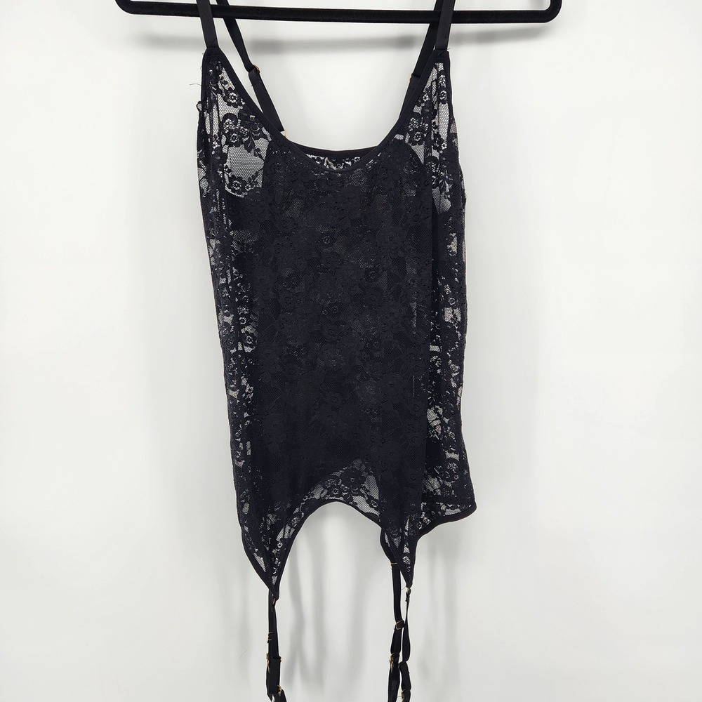 Rene Rofe Sexy Womens Plus Size 3X 4X Black Floral Lace Garter Tank Top Lingerie